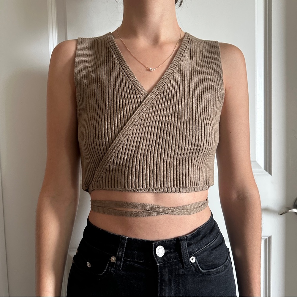 Zara Brown Ribbed Wrap Tank Top
